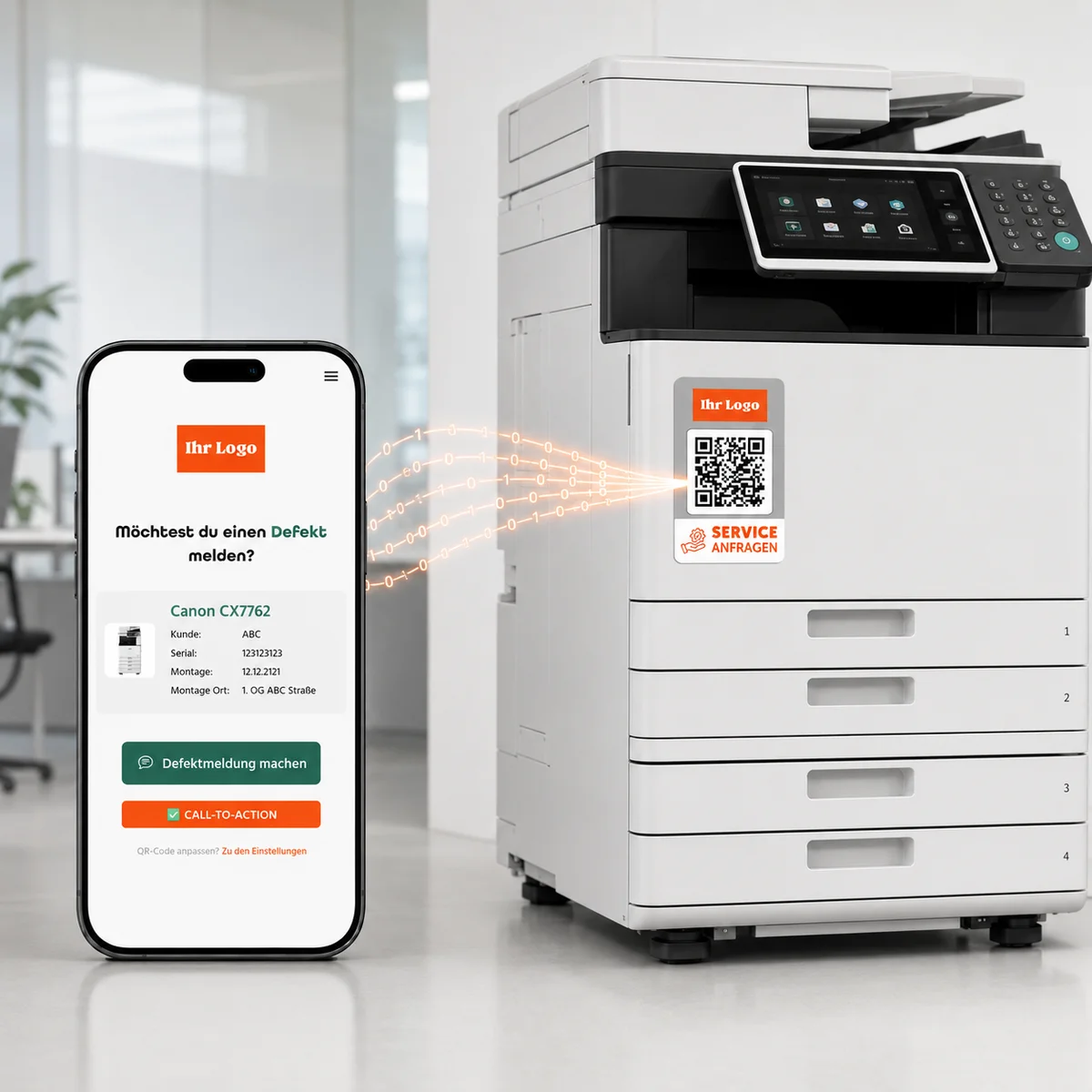 Servicemeldung per QR-Code: Smartphone mit Defektmeldung neben einem Multifunktionsdrucker mit Service-Tag-Aufkleber