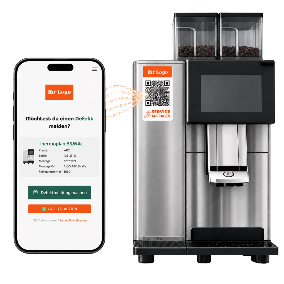Servicemeldung per QR-Code: Smartphone mit Defektmeldung neben einer Kaffeemaschine mit Service-Tag-Aufkleber