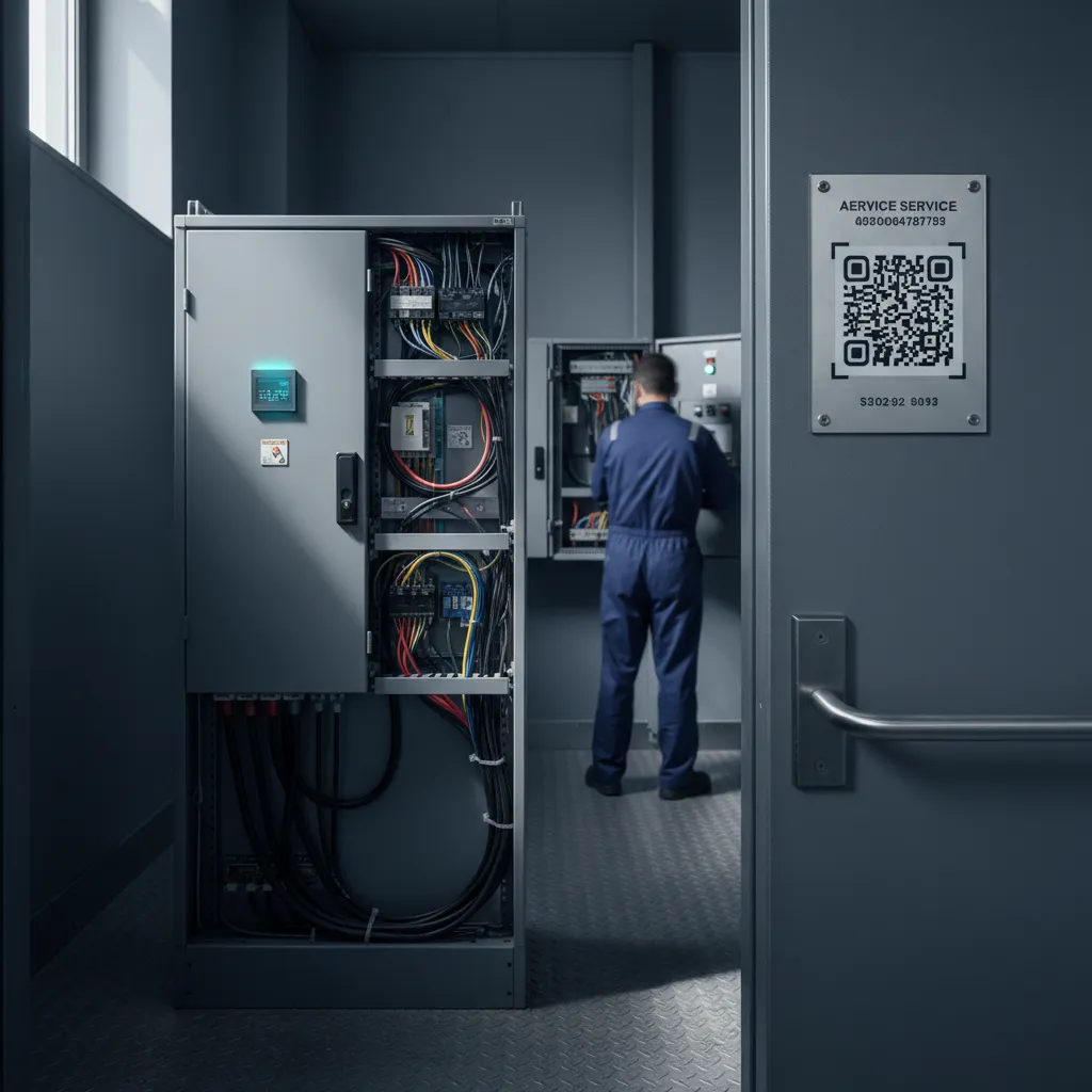 Aufzugsmaschinenraum mit Schaltschrank, QR-Serviceschild am Türrahmen, Techniker im Hintergrund