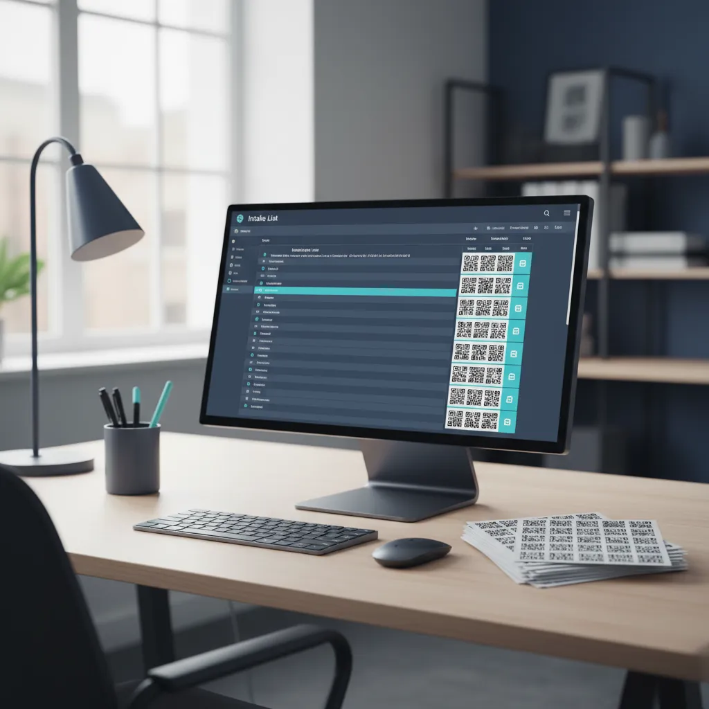 Aufgeräumter Schreibtisch mit Monitor, auf dem eine strukturierte Eingangsliste zu sehen ist, daneben ein Bogen QR-Aufkleber