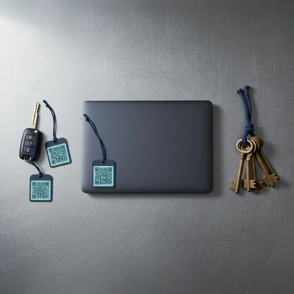 Aufsicht auf eine Stahl-Werkbank: Autoschlüssel, Laptop und Schlüsselbund in einer Reihe, jeweils mit kleinem QR-Tag