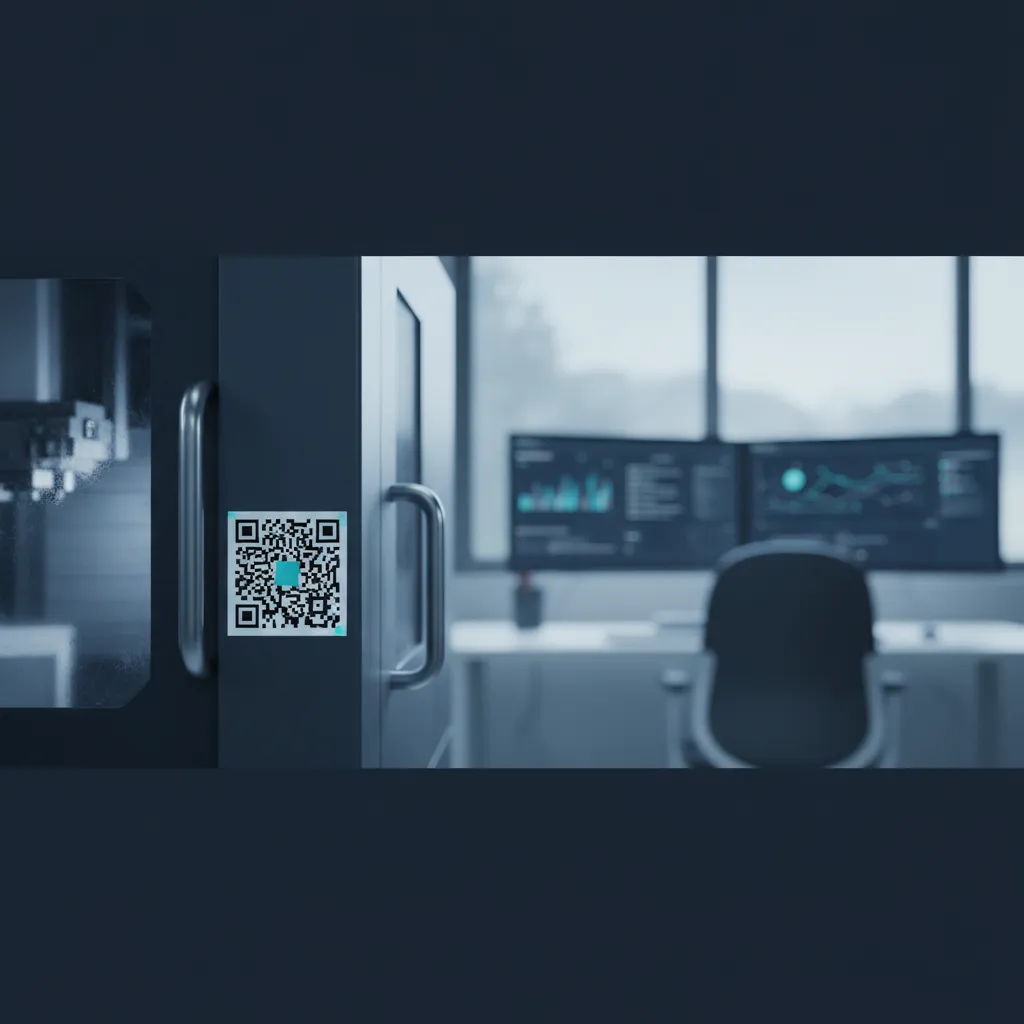 Maschine mit QR-Aufkleber im Vordergrund, unscharf dahinter ein Büro mit Dashboard-Monitoren