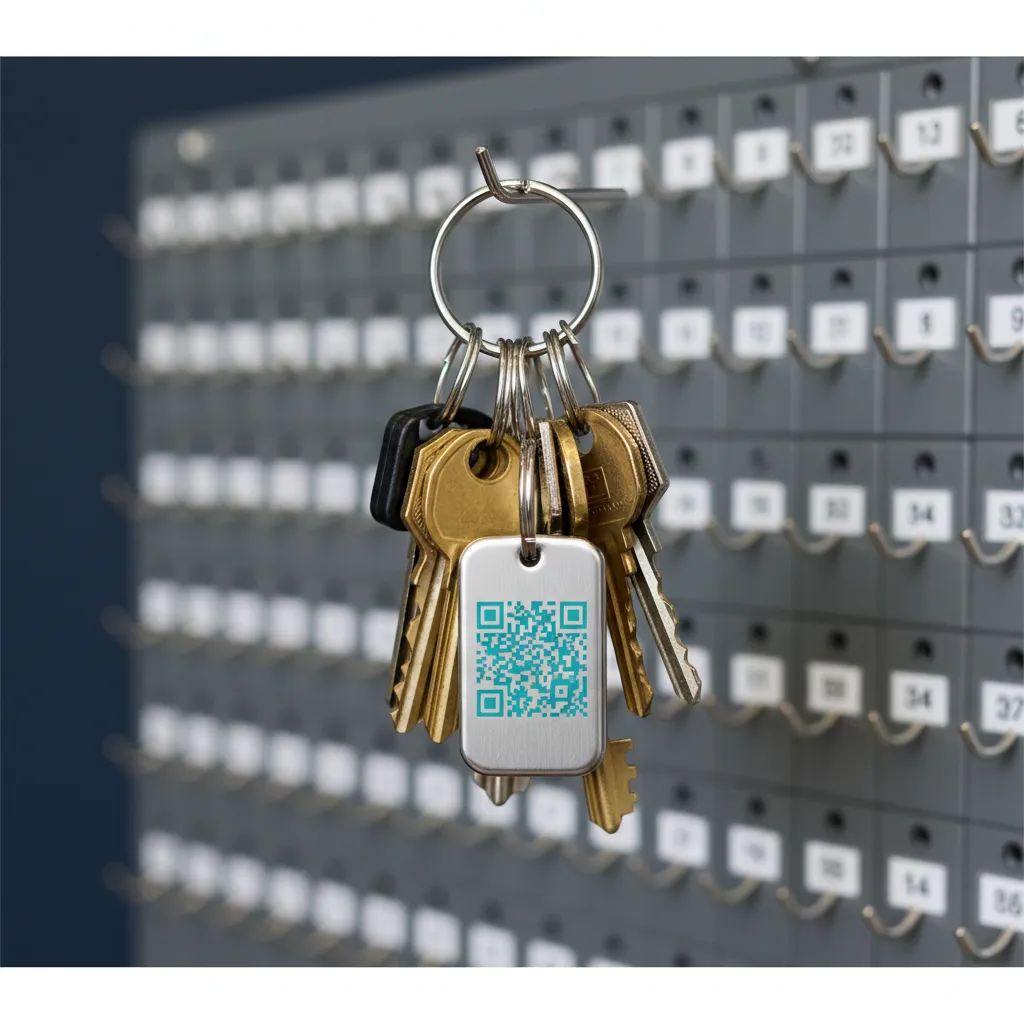 Firmenschlüsselbund am Ring mit kleinem QR-Fundanhänger, unscharf dahinter ein Schlüsselkasten