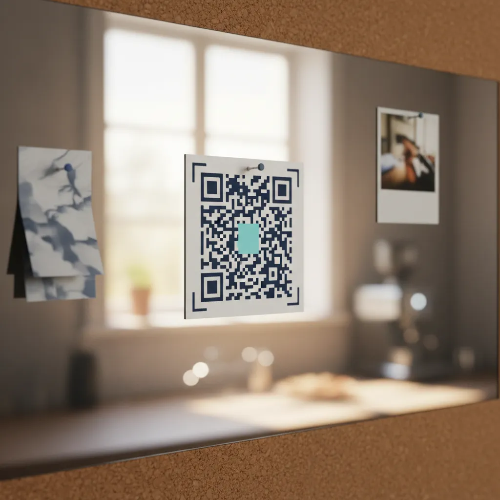 QR-Code an einem schwarzen Brett im Pausenraum, daneben ausgehängte Aushänge