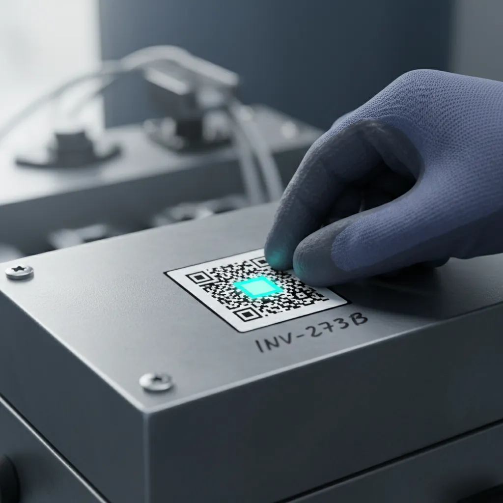 Behandschuhte Hand bringt ein QR-Etikett über einer verblassten handschriftlichen Inventarnummer an einer Maschine an