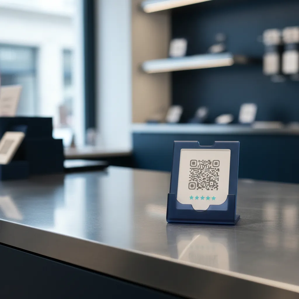 Kartenständer an einer Theke mit einem QR-Code und dezentem Bewertungs-Hinweis
