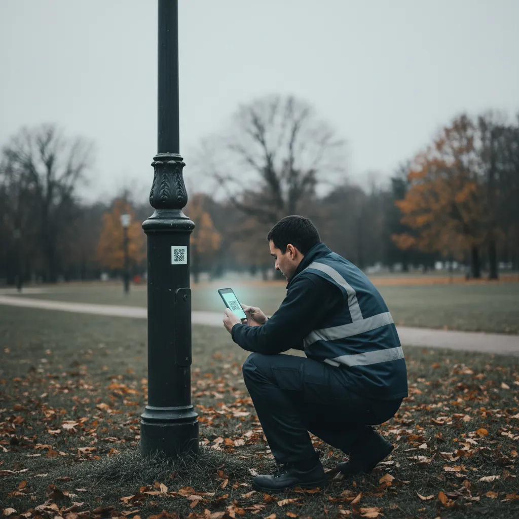 Kommunaler Mitarbeiter in Warnweste scannt einen QR-Tag an einem Parklaternenmast
