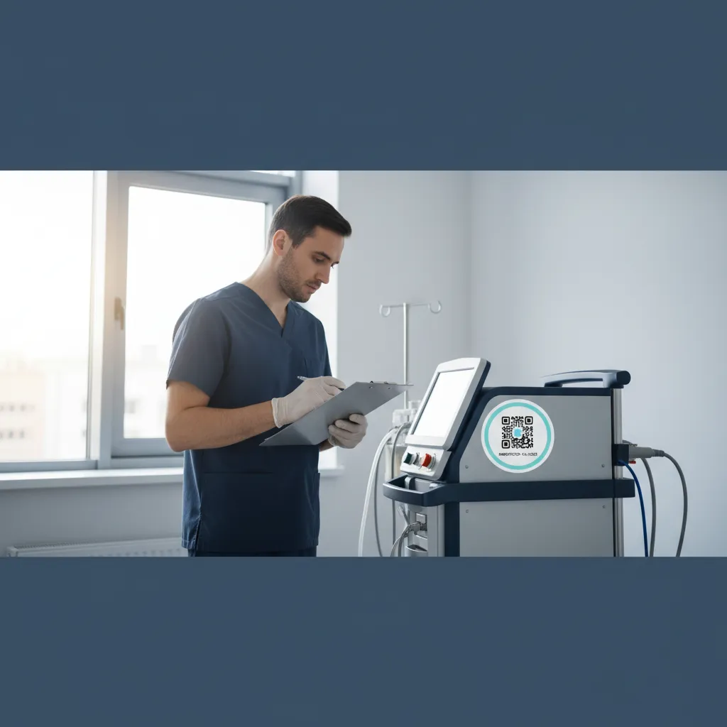 Medizintechniker prüft ein fahrbares Medizingerät in einer Klinik, QR-Prüfplakette am Gehäuse
