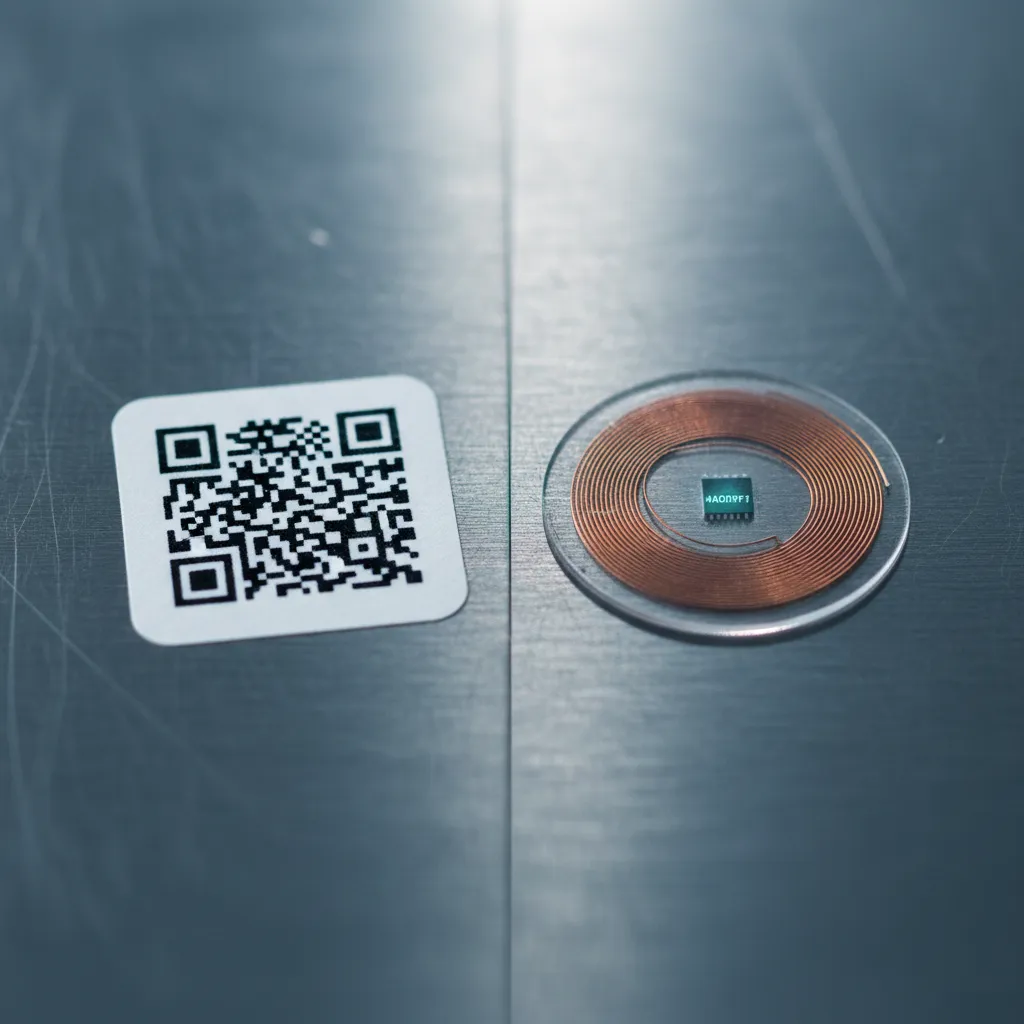 Makro-Split auf gebürstetem Metall: gedruckter QR-Code links, runder NFC-Tag mit Kupferantenne rechts