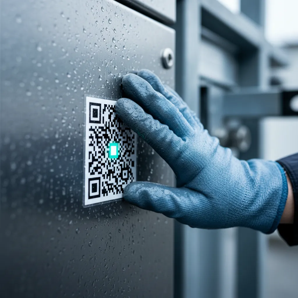 Nahaufnahme: behandschuhte Hand streicht ein laminiertes QR-Code-Etikett auf ein wetterfestes Elektro-Gehäuse im Freien glatt, Wassertropfen darauf