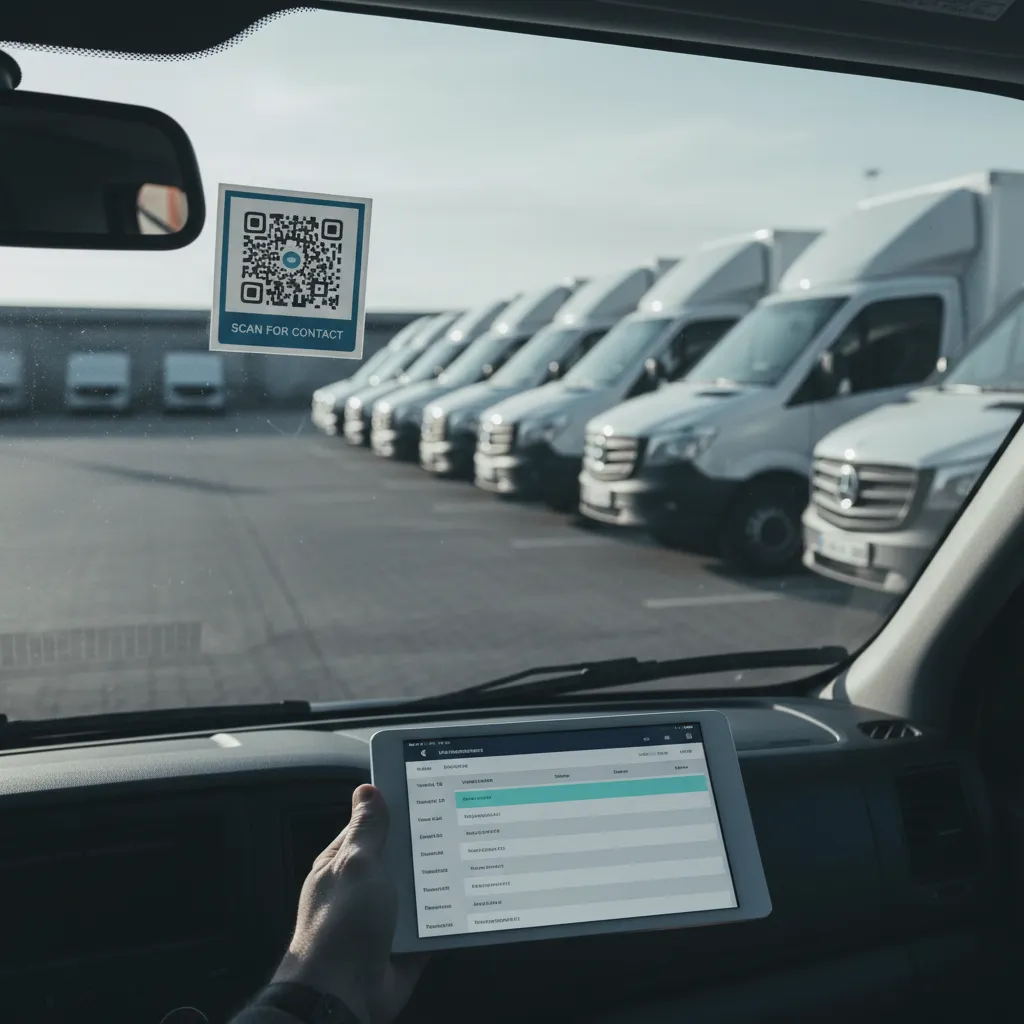 Reihe geparkter weißer Firmentransporter, QR-Kontakt-Tag hinter einer Windschutzscheibe, Tablet mit Flottenliste im Bild