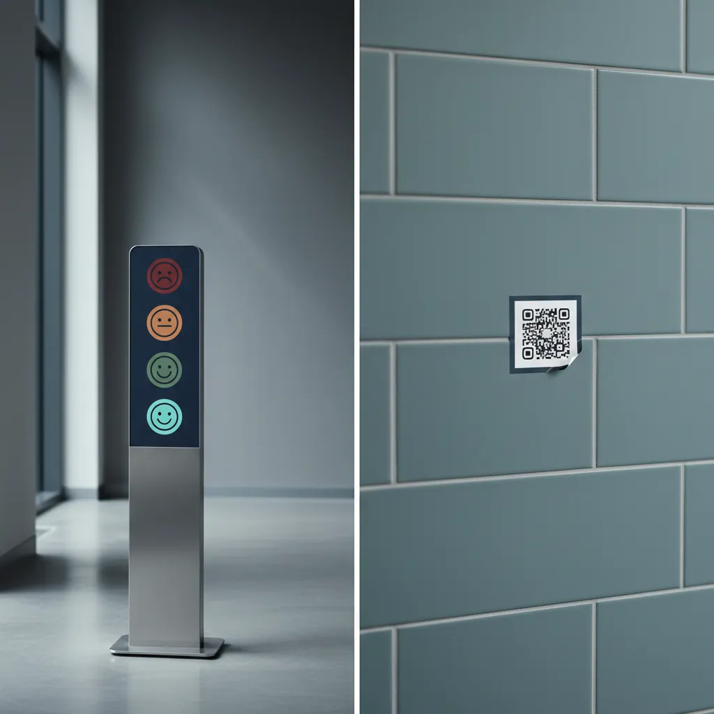 Verglichen: links eine freistehende Vier-Knopf-Smiley-Feedbacksäule, rechts ein kleiner QR-Aufkleber an der Wand
