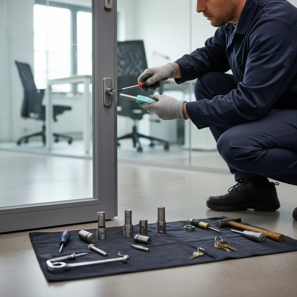 Schließtechniker tauscht einen Schließzylinder in einer Bürotür; Zylinder und Werkzeug im Vordergrund