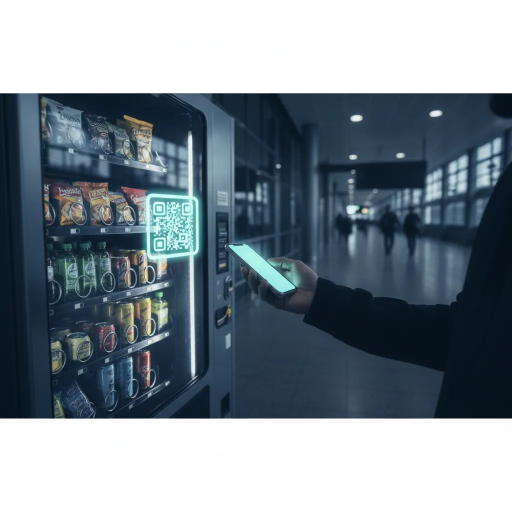 Verkaufsautomat in einer Bahnhofshalle, QR-Kontakt-Tag auf der Frontscheibe, Hand mit Smartphone