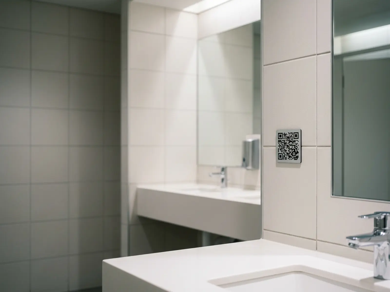 Ein kleines QR-Schild an einer hellen Wand neben einer Tür in einem modernen Gebäude