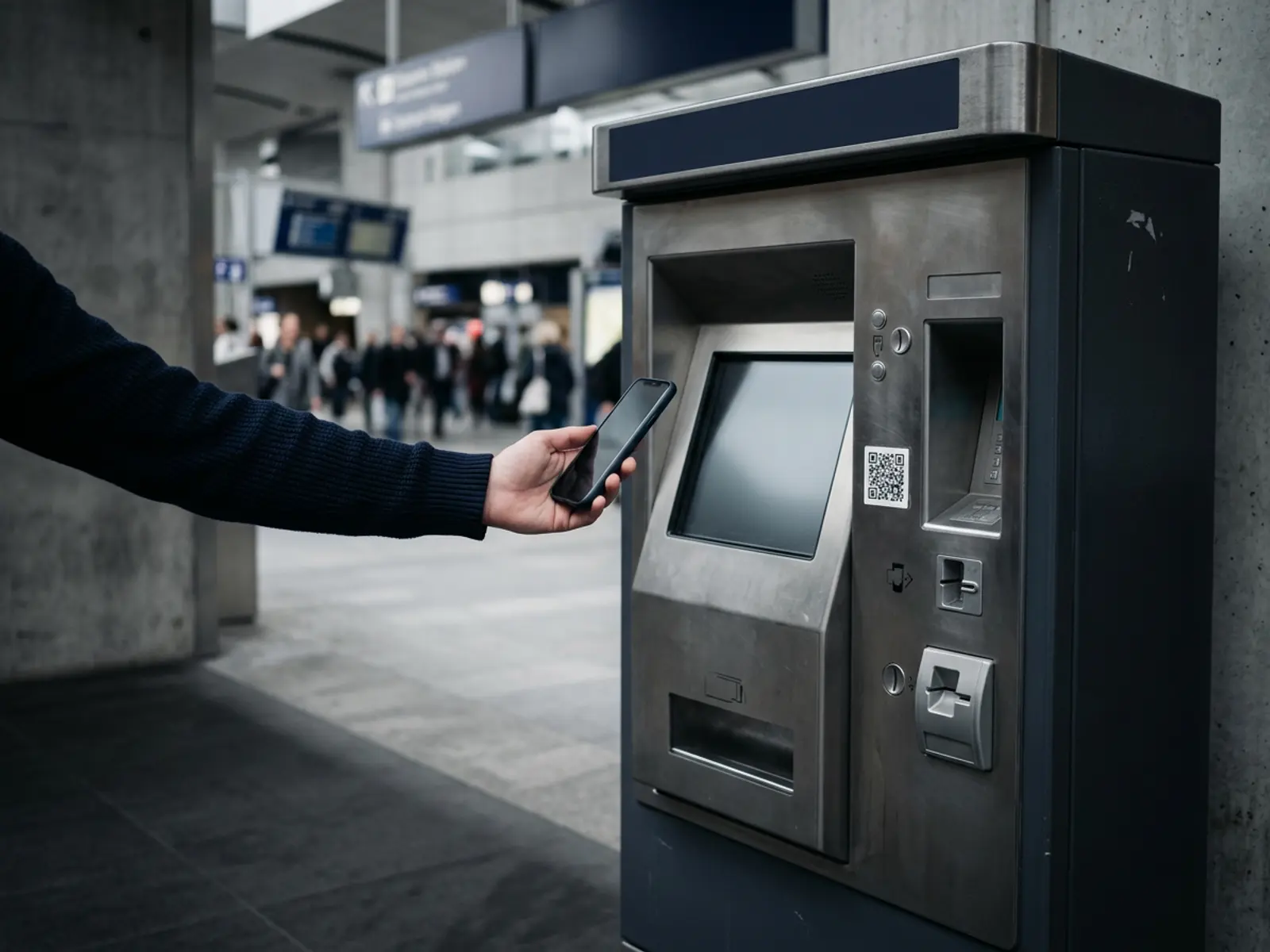Eine Person scannt mit dem Smartphone einen QR-Code an einem Ticketautomaten